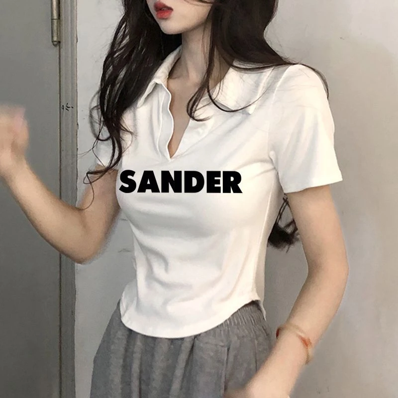 纯欲风辣妹翻领遮肚藏肉短袖t恤女夏不规则弧形掐腰显瘦短款上衣