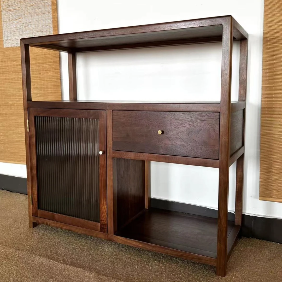 【新品】黑胡桃木单抽长虹落地柜新中式置物柜茶室展示柜禅意茶柜