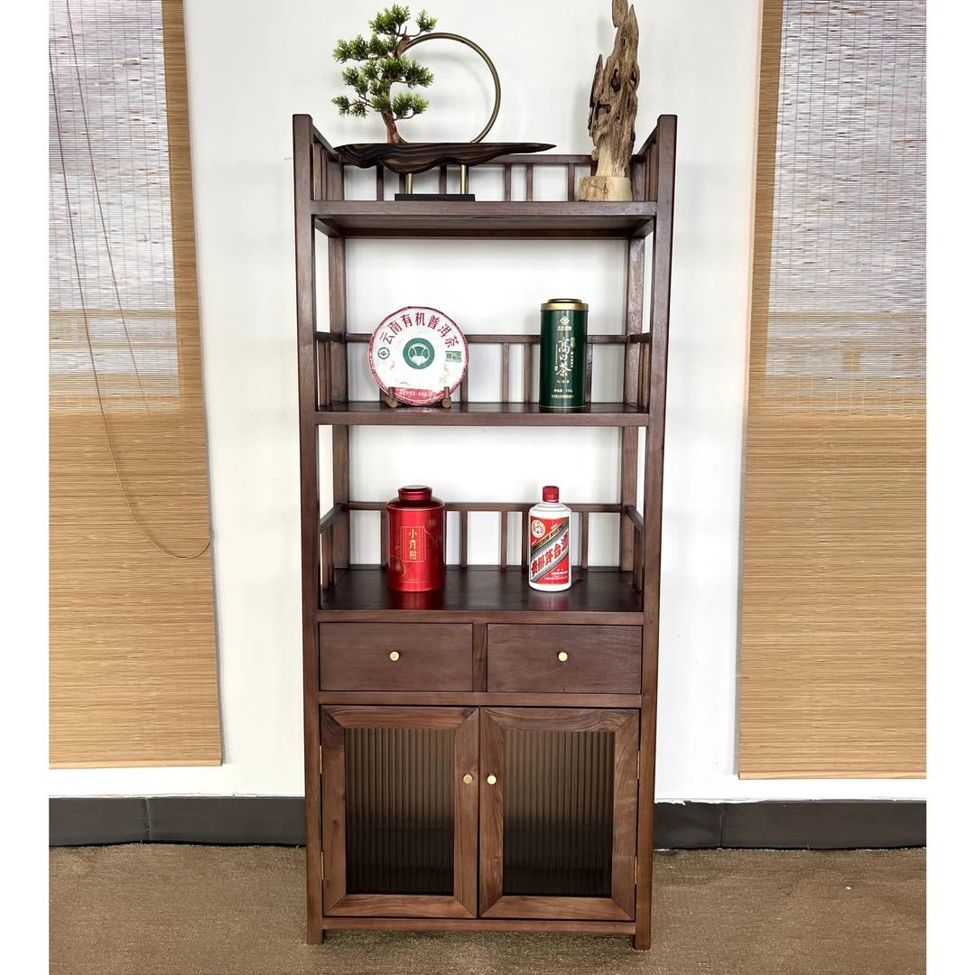 【书韵落地柜】黑胡桃木落地博古柜双开带抽屉新中式展示柜茶室书房
