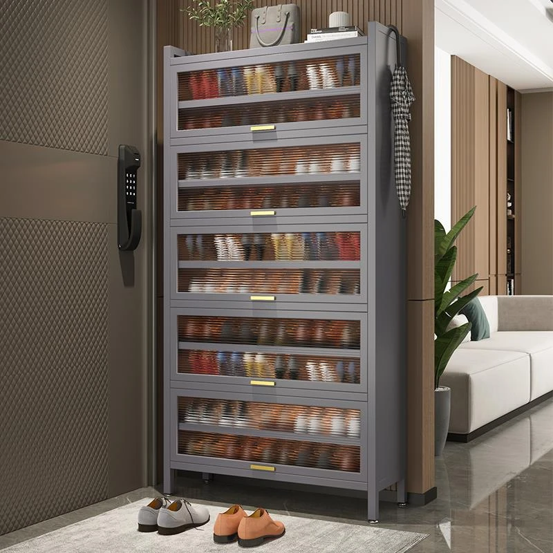 BO鞋柜家用门口钢制入户落地防尘玄关多层铁艺鞋架铁皮柜简易翻开