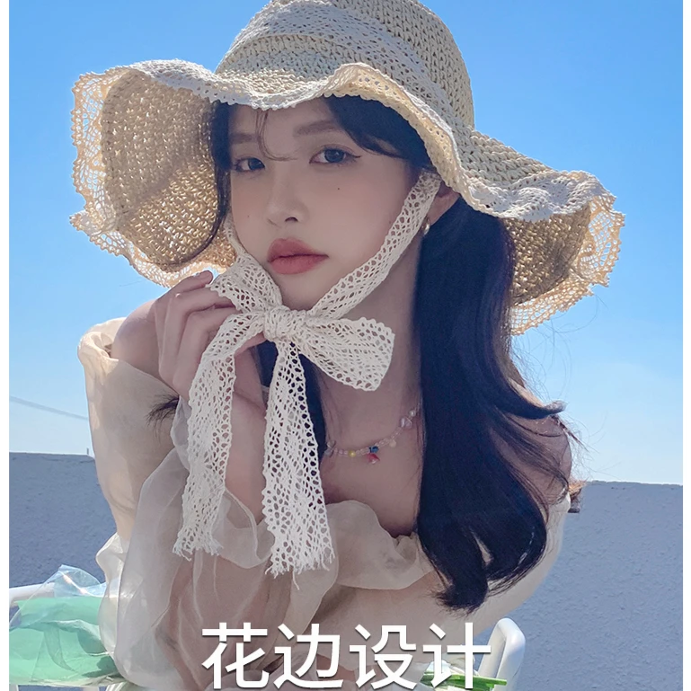 ins韩版系带镂空蕾丝边草编帽女出游沙滩太阳帽遮阳帽甜美夏季
