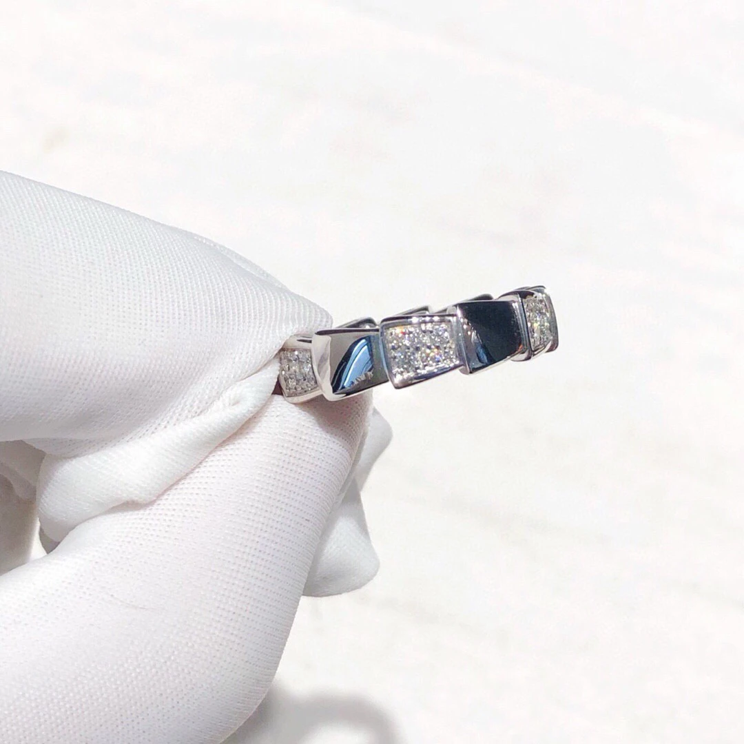 99新 BVLGARI/宝格丽 Serpenti Viper系列 白金宽版镶钻灵蛇戒指