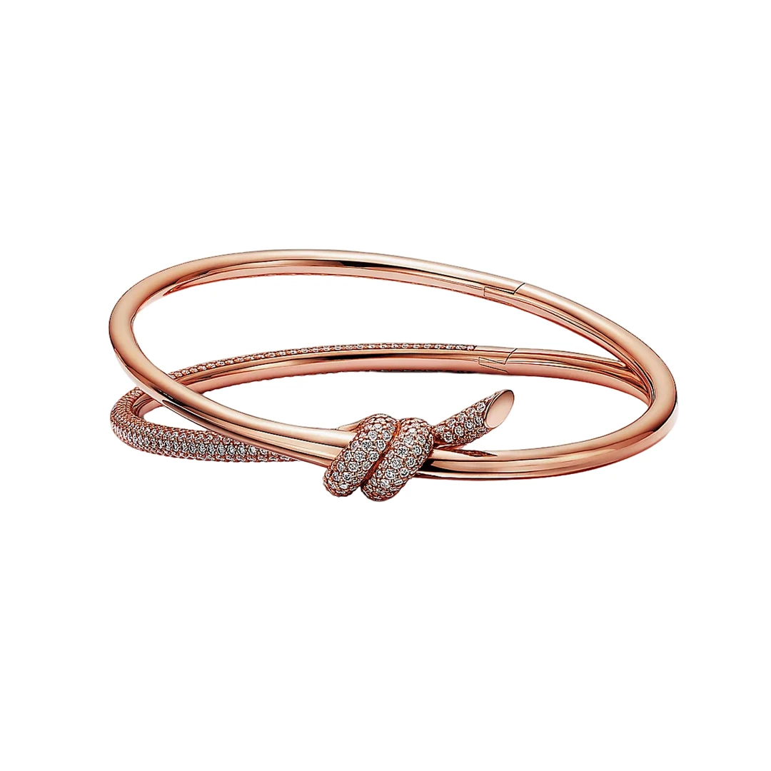 99新 Tiffany & Co./蒂芙尼 knot系列 玫瑰金双环半钻手镯S码【JT】