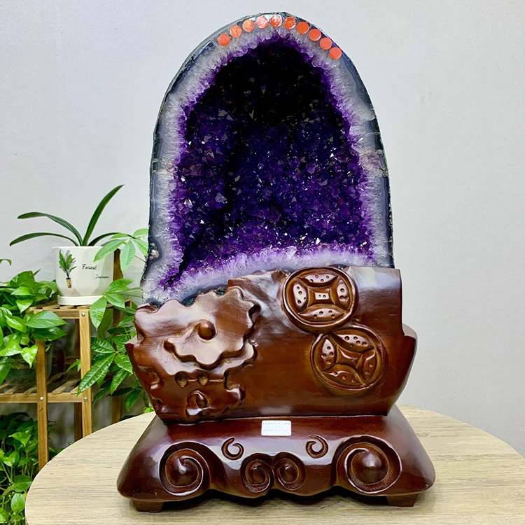 天然乌拉圭巴西紫晶簇恐龙蛋紫晶洞钱袋子聚宝盆黄开口笑办公室