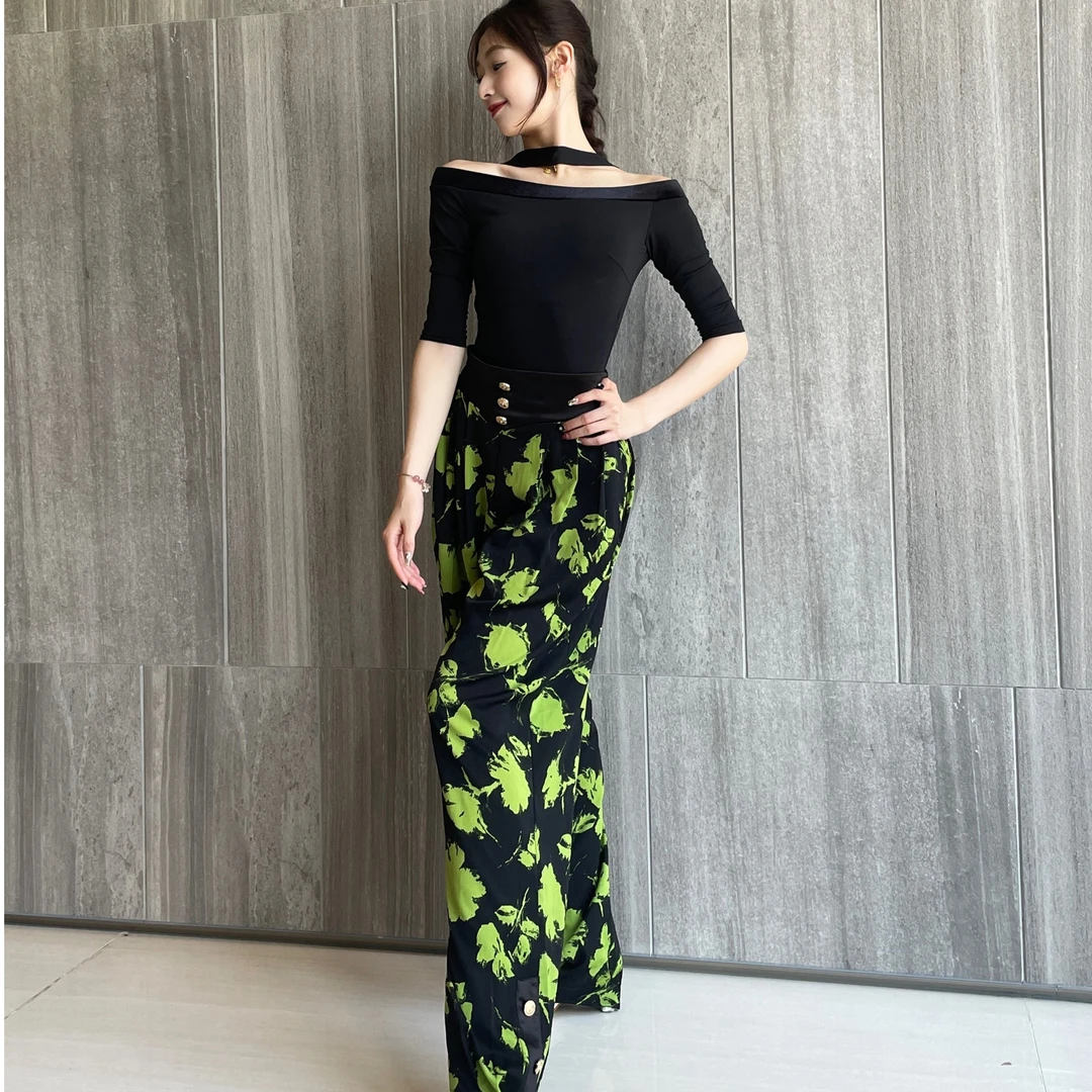 绿黑花裤子春夏长裤松紧中高腰修身显瘦气质摩登Win舞服高有定制