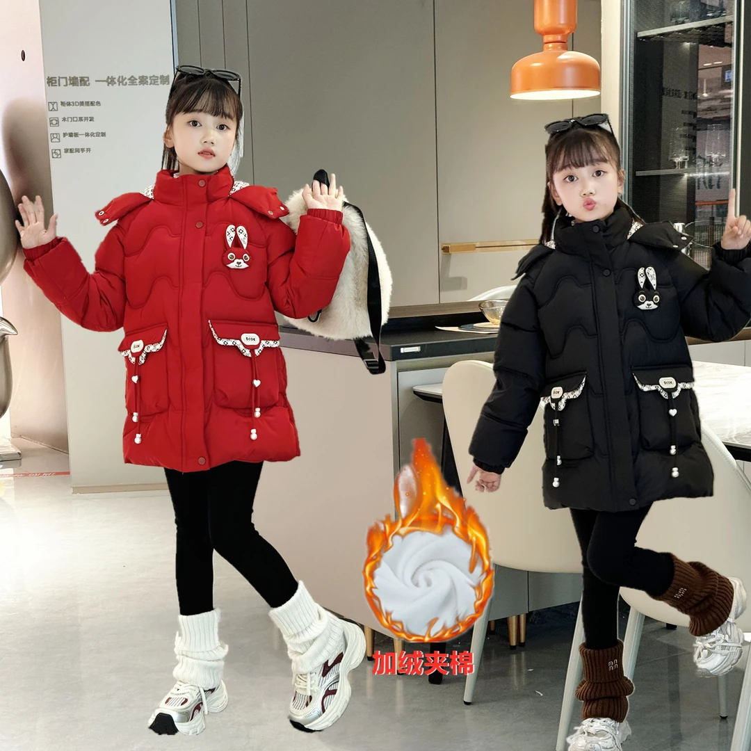 洋气冬季中大童女孩棉服加绒加厚保暖棉袄冬装中长款韩版时尚红色