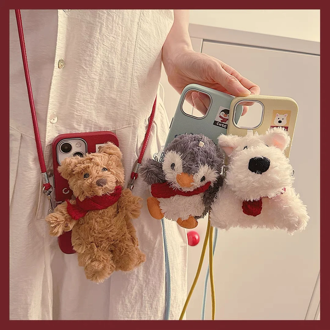 卡通可爱皮纹公仔背夹iPhone16promax适用苹果15手机壳14挂绳13女