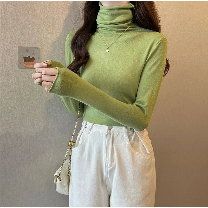 秋冬牛油果浅绿色堆堆领针织打底衫女内搭长袖新款百搭洋气上衣