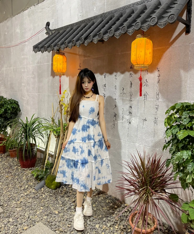 《若雲軒植染》D19纯手工植物染扎染女装连衣裙吊带木耳裙显瘦百搭