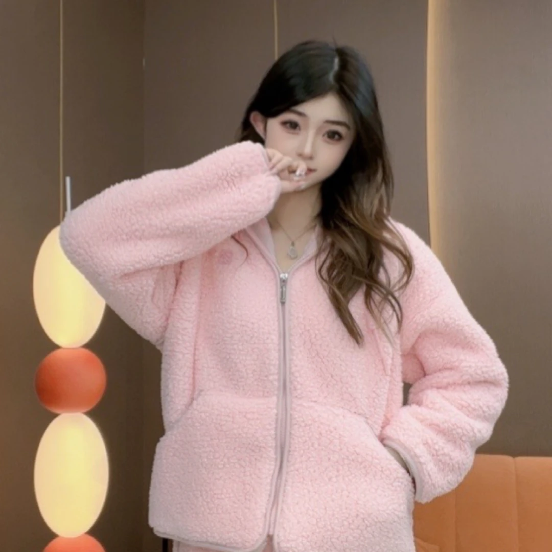 【弘悦】冬季新款加绒加厚北羔绒连帽精致洋气百搭四色家居服套装