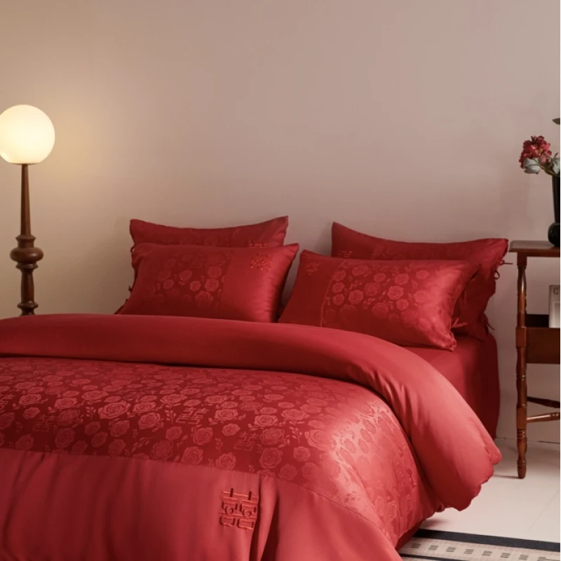 正红色结婚庆提花刺绣四件套亲肤棉贡缎嫁娶男女婚庆床品新婚卧室
