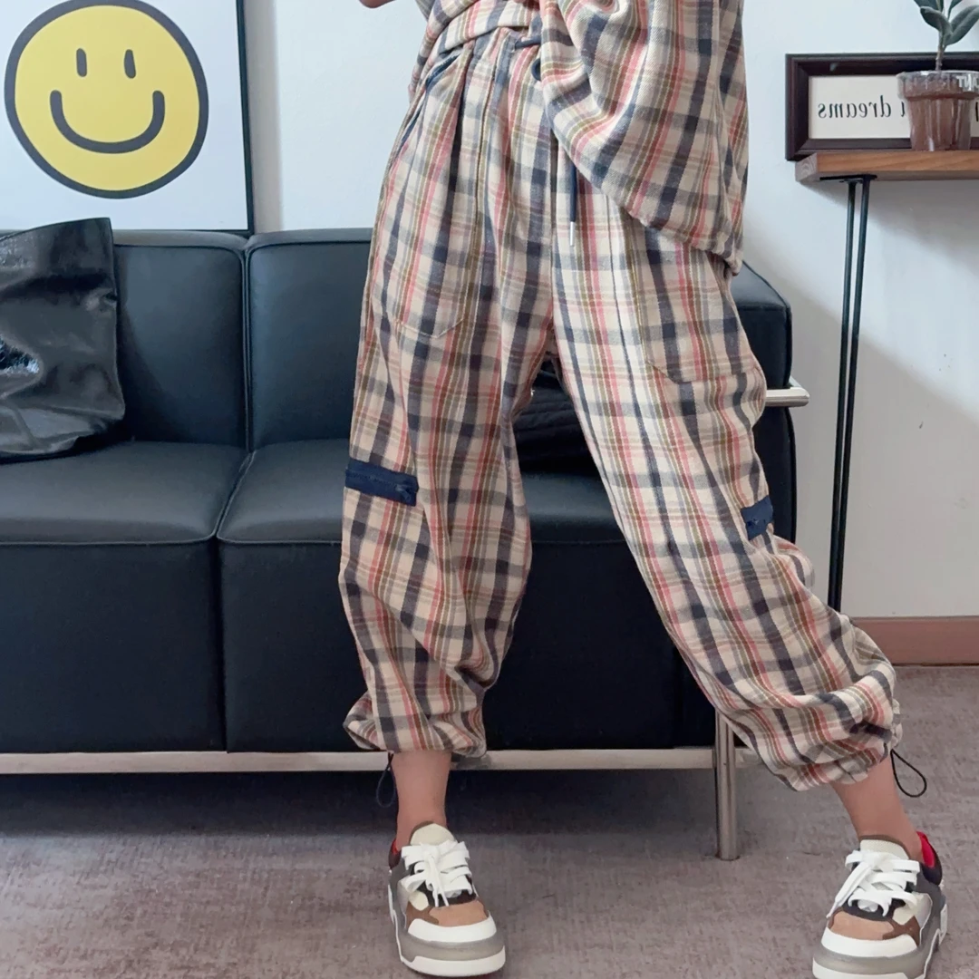 2024秋季新款超洋气厚款撞色格子抽绳束脚裤女宽松显瘦高级拉链