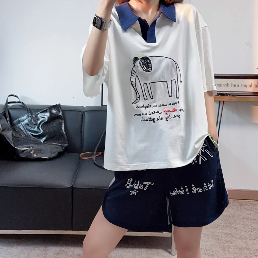 2024夏季新款常规款小象刺绣Polo衫T恤女宽松显瘦减龄百搭五分袖