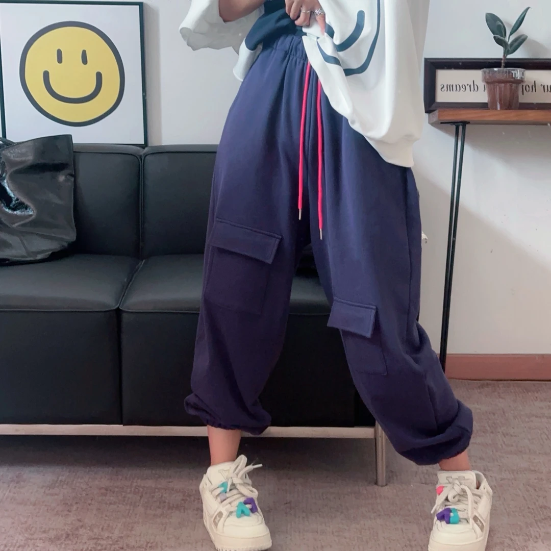 2024新款超好看藏青色束脚休闲裤卫裤女宽松显瘦减龄百搭大口袋