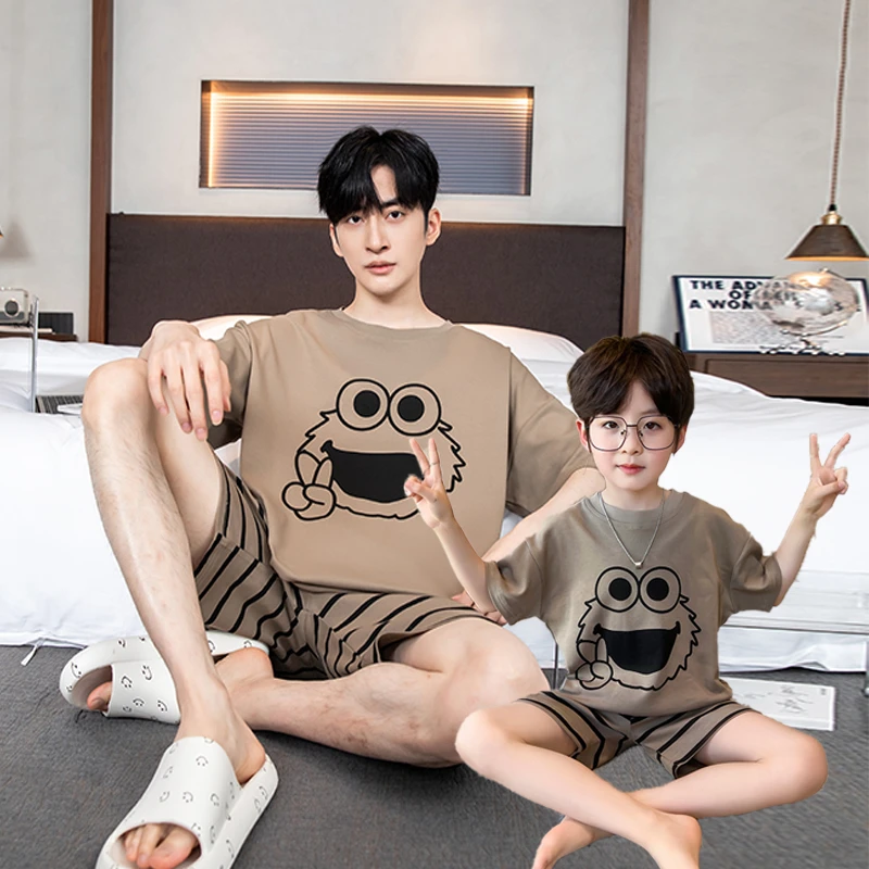 2025新款亲子睡衣夏季纯棉短袖薄款套装男童男士青少年家居服父子