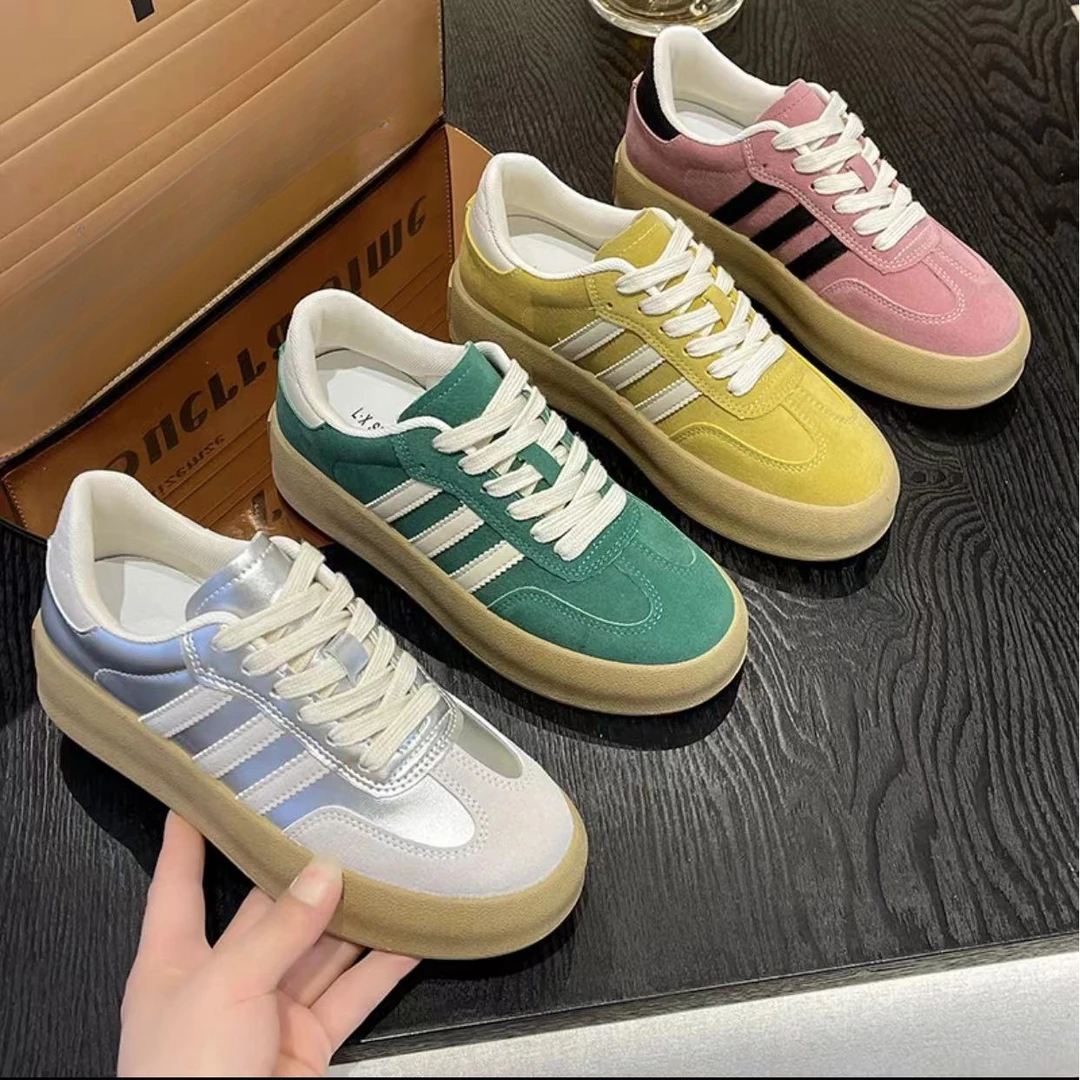 2024德训厚底板鞋女复古百搭春季小众ins潮鞋拼色韩版运动休闲鞋
