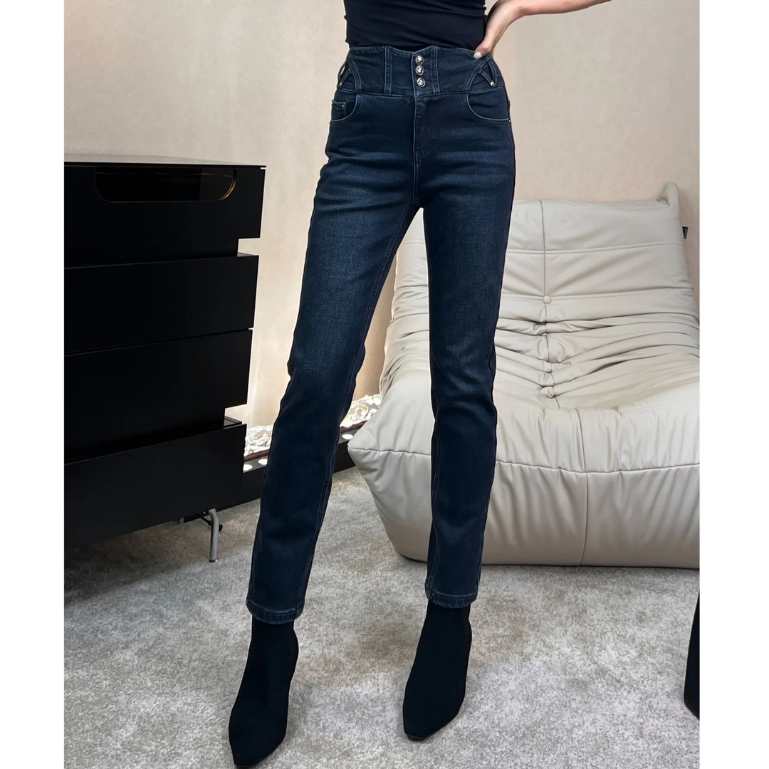 高腰显瘦小脚磨毛牛仔裤