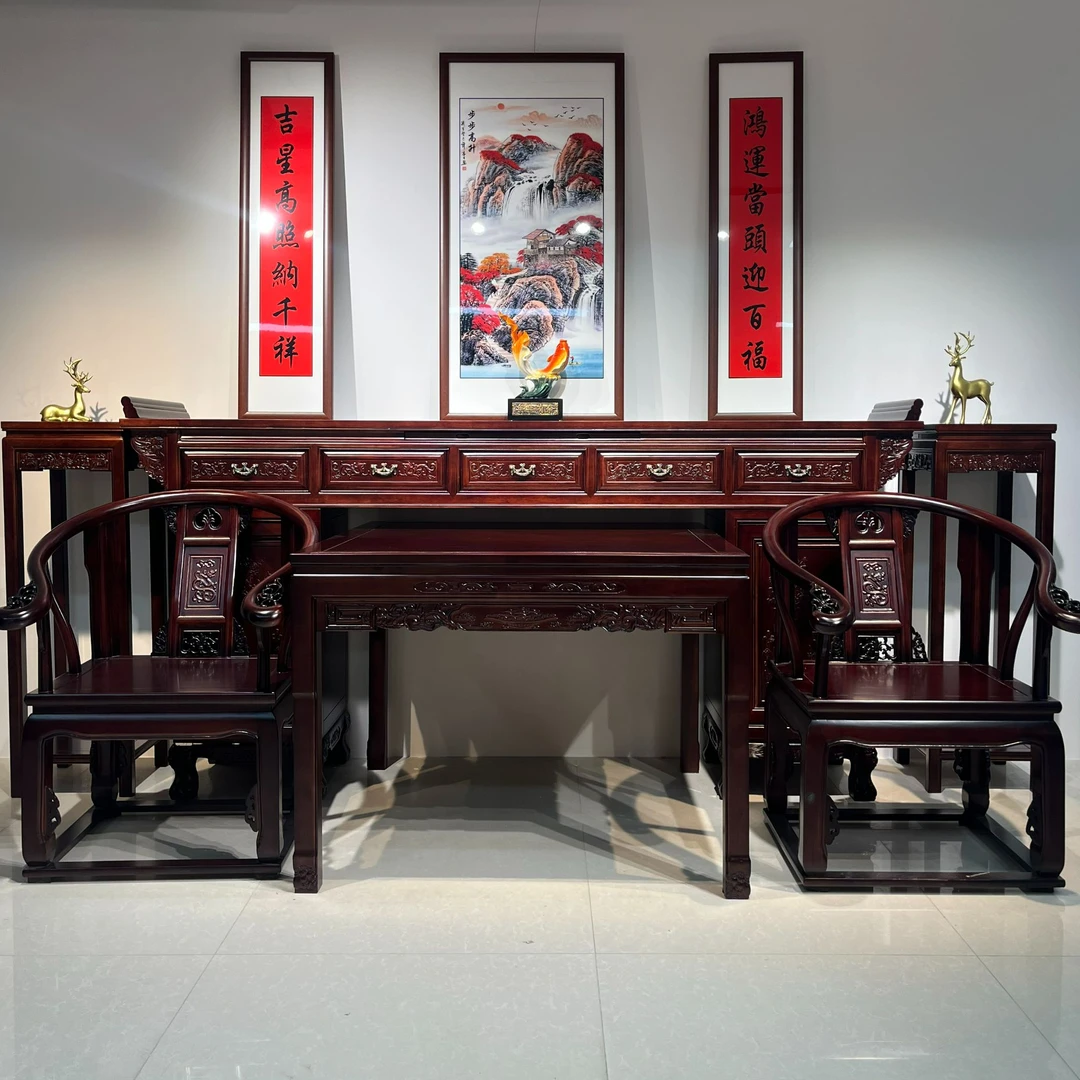 【双11】古典中堂餐厅六件套实木龙纹雕花抽屉柜子条案中堂农村