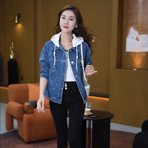 R011百搭带帽牛仔外套秋装短款外套女士时尚韩版宽松春季上衣女装