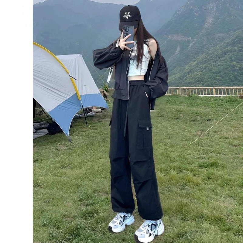 黑色工装裤女款小个子春秋2024新款登山裤宽松束脚美式运动阔腿裤