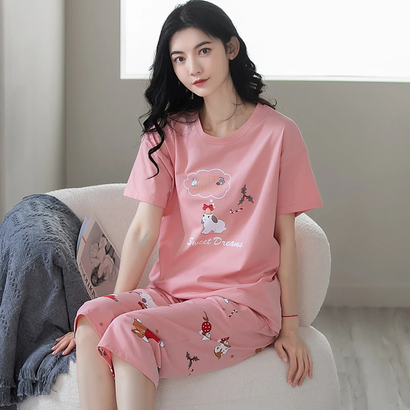 100%纯棉女士女薄款七分裤短袖套头韩版公主风甜美夏季家居服套装