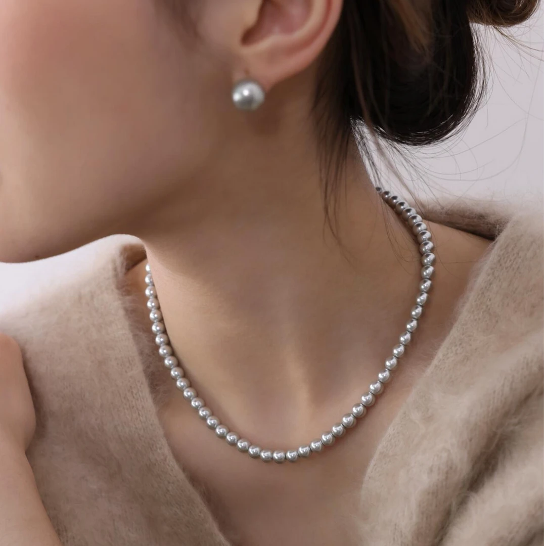 链子925银仿水晶 【多麻灰】s925银扣头真多麻色正圆施家珍珠项链