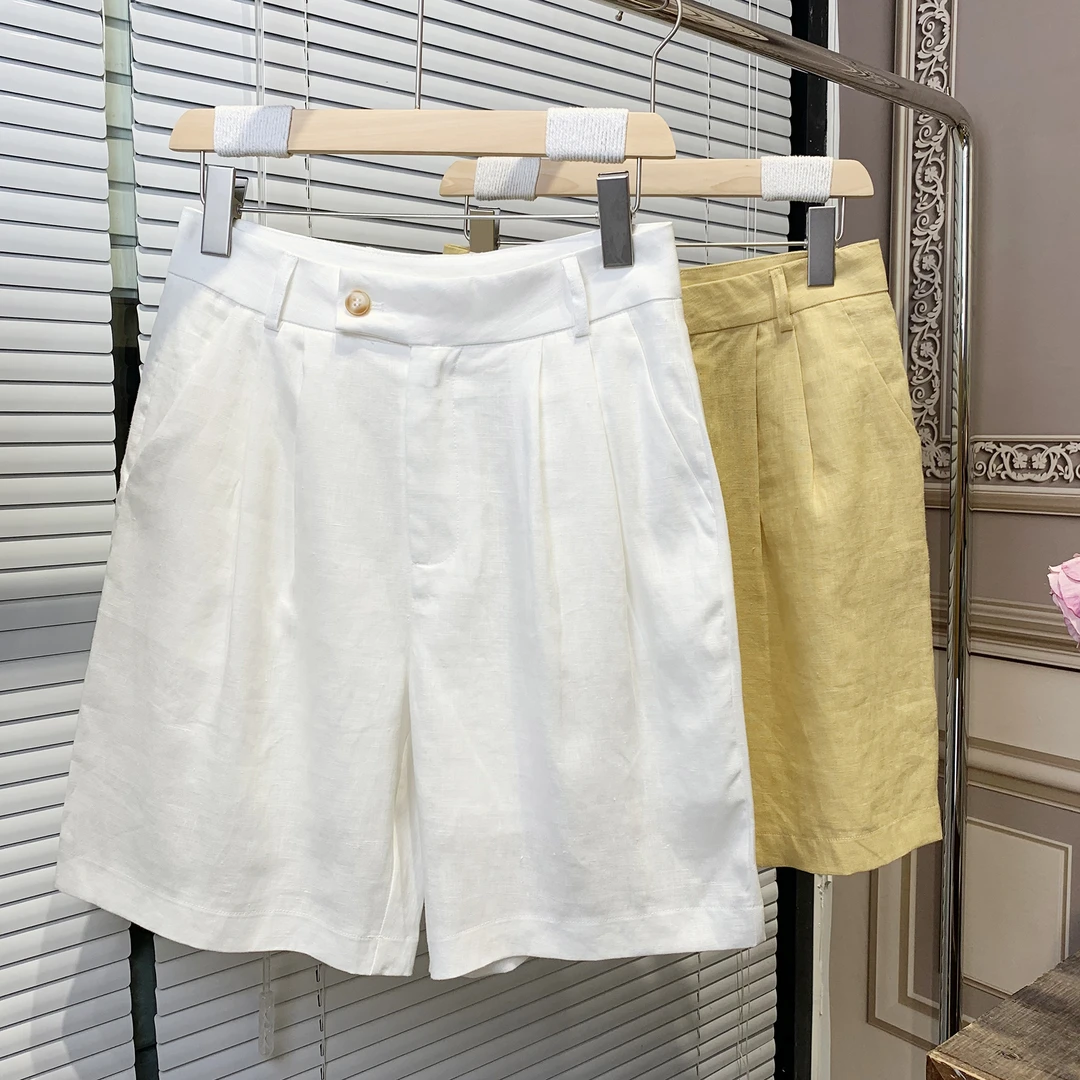 9018夏季新款亚麻四分裤百搭中性风短裤白色简约显瘦女装直筒短裤