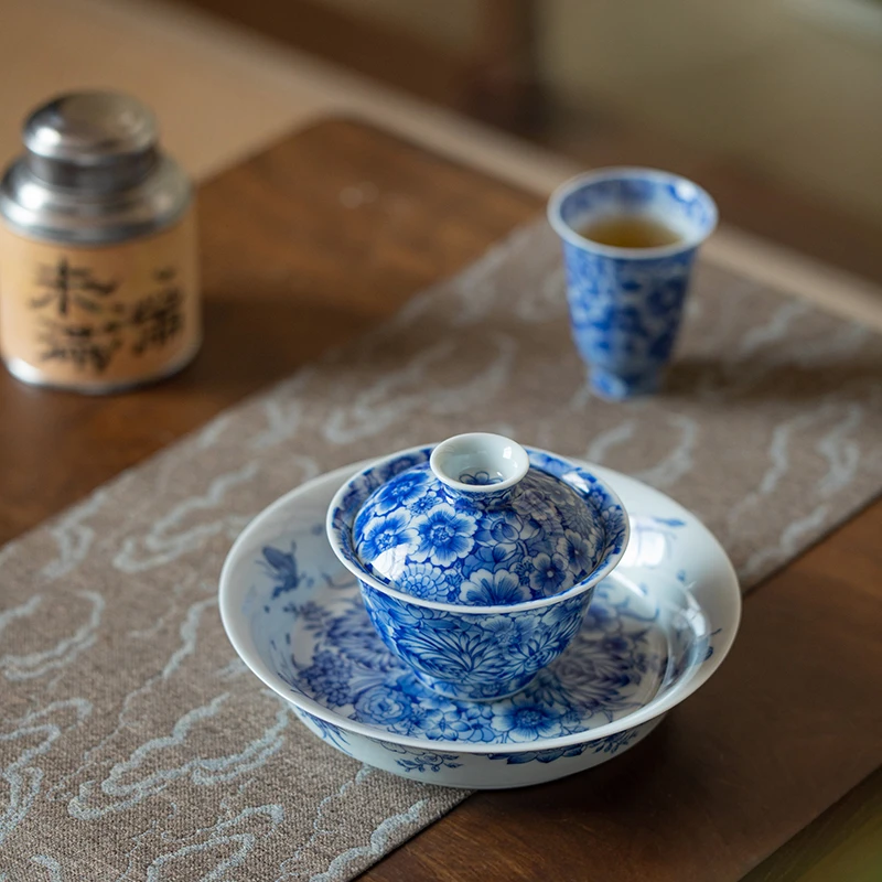 一思堂青花瓷三才盖碗单个 景德镇纯手工手绘万花泡茶碗陶瓷礼品