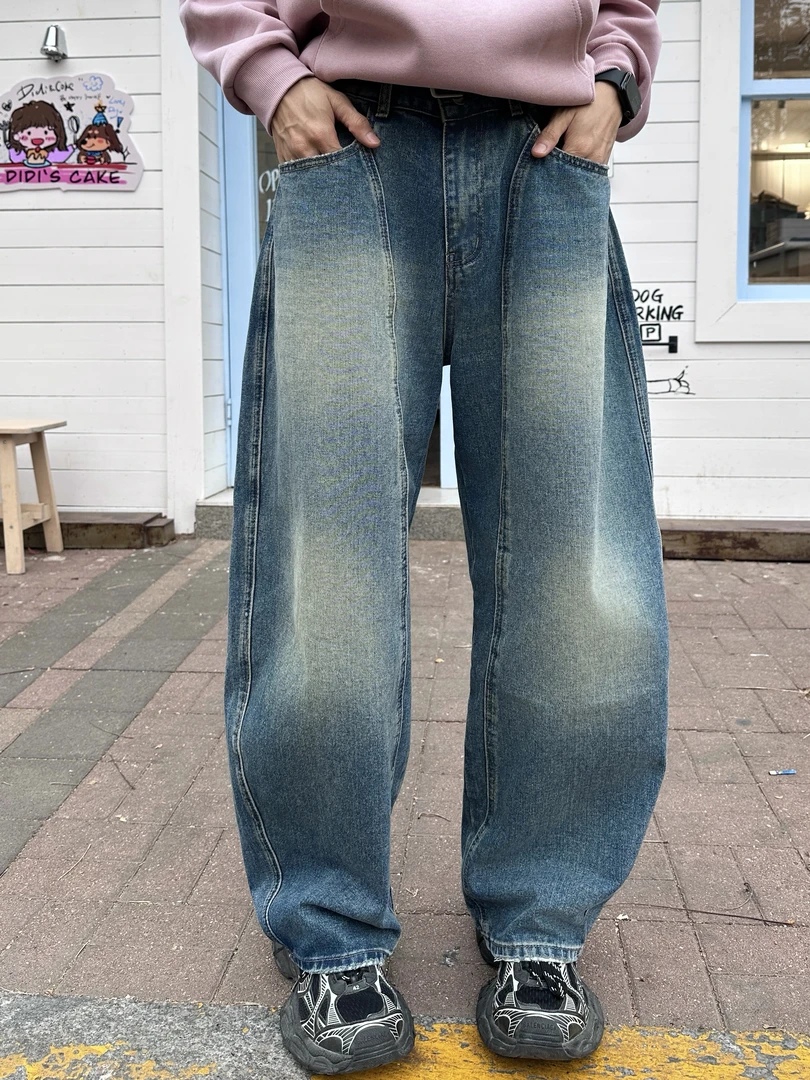 Bloom Studio简约弯刀复古水洗解构牛仔裤男立体裁剪廓形长裤百搭