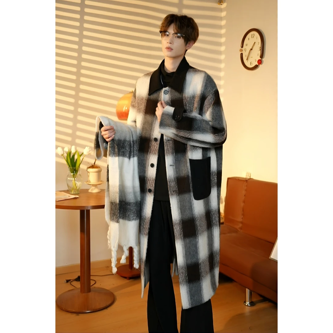 【南的衣橱】格子大衣 秋冬氛围感时尚绵羊毛大衣长款高级外套男女