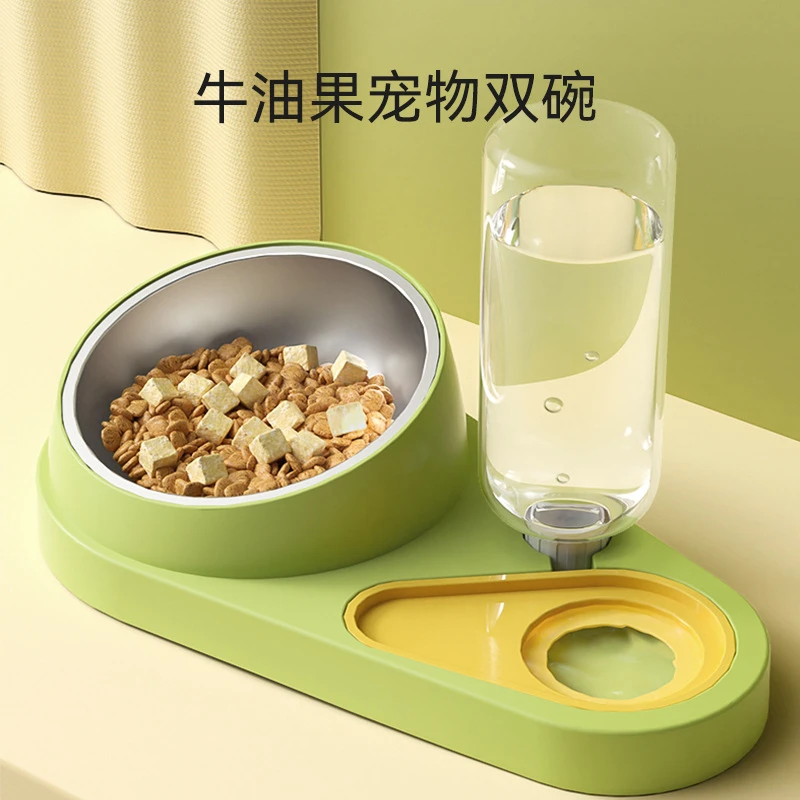 猫碗双碗自动饮水猫食盆不锈钢狗碗宠物碗护颈斜口碗饮水喂食一体