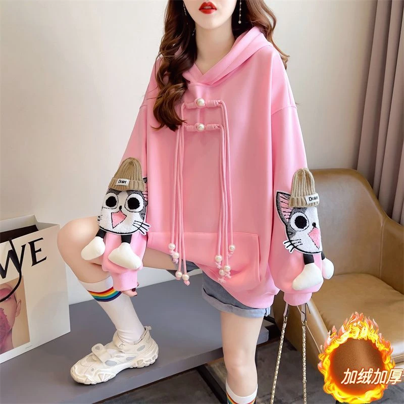 2025冬季外穿加绒加厚长袖连帽卫衣女时尚减龄中长款宽松显瘦上衣