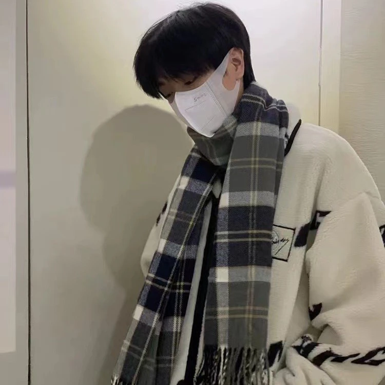航海家保暖围脖格子围巾男秋冬季网红百搭韩版学生情侣氛围感围巾