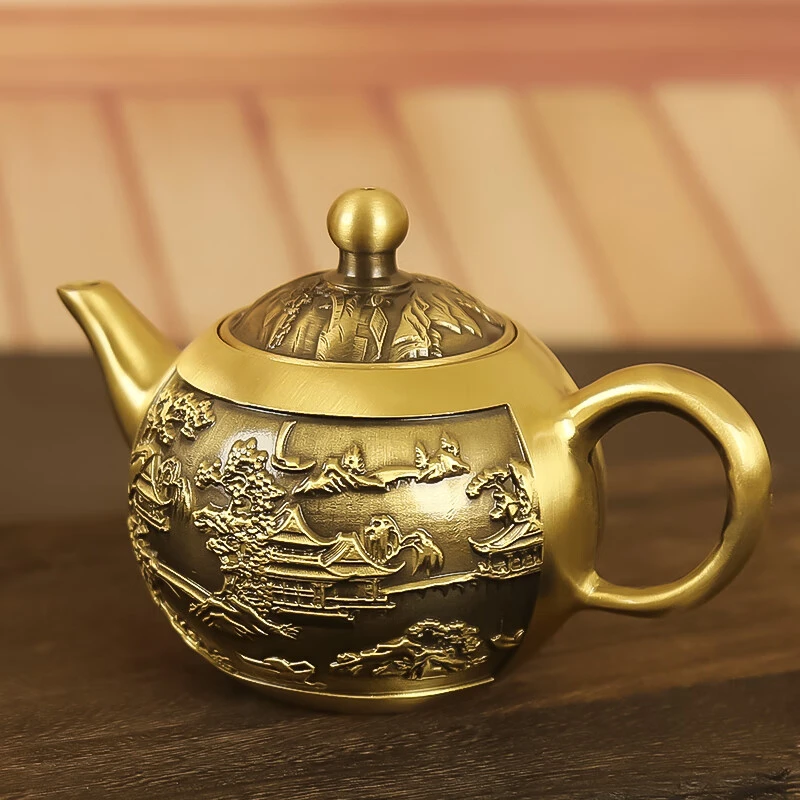 济凯黄铜拉丝铜壶山水壶铜茶壶家居创意铜器摆件中式茶壶工艺品
