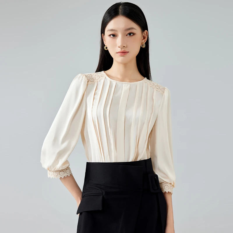 圆领七分袖衬衫女气质拼接蕾丝小说153M4060