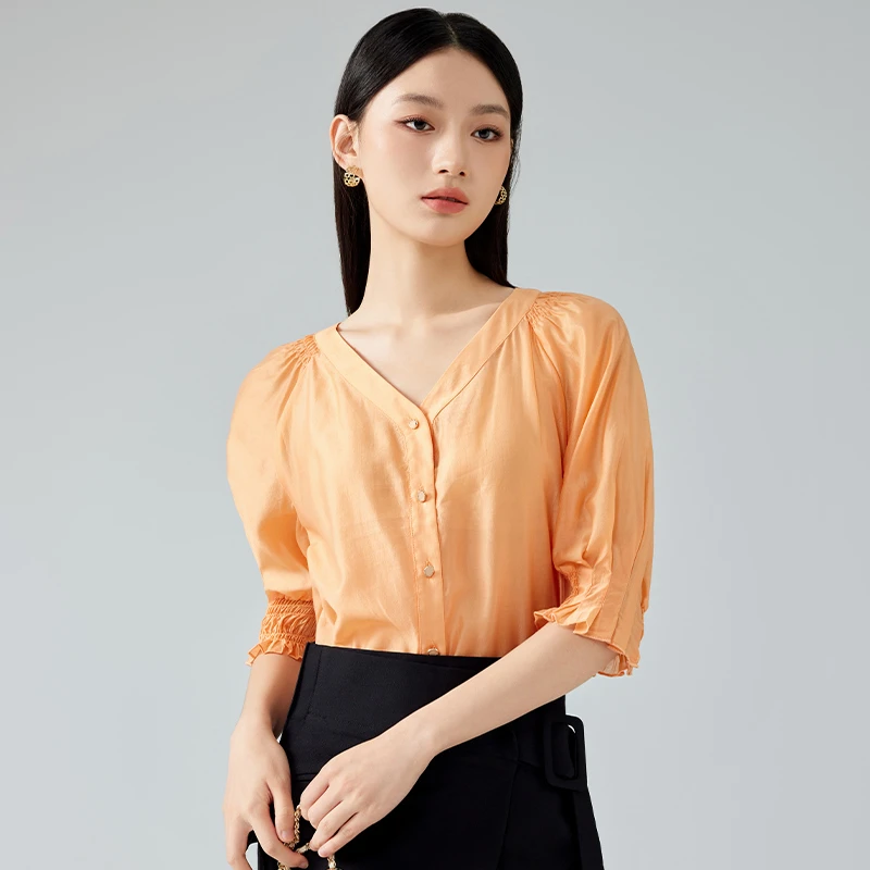 V领五分袖天丝薄款衬衫女153N3058