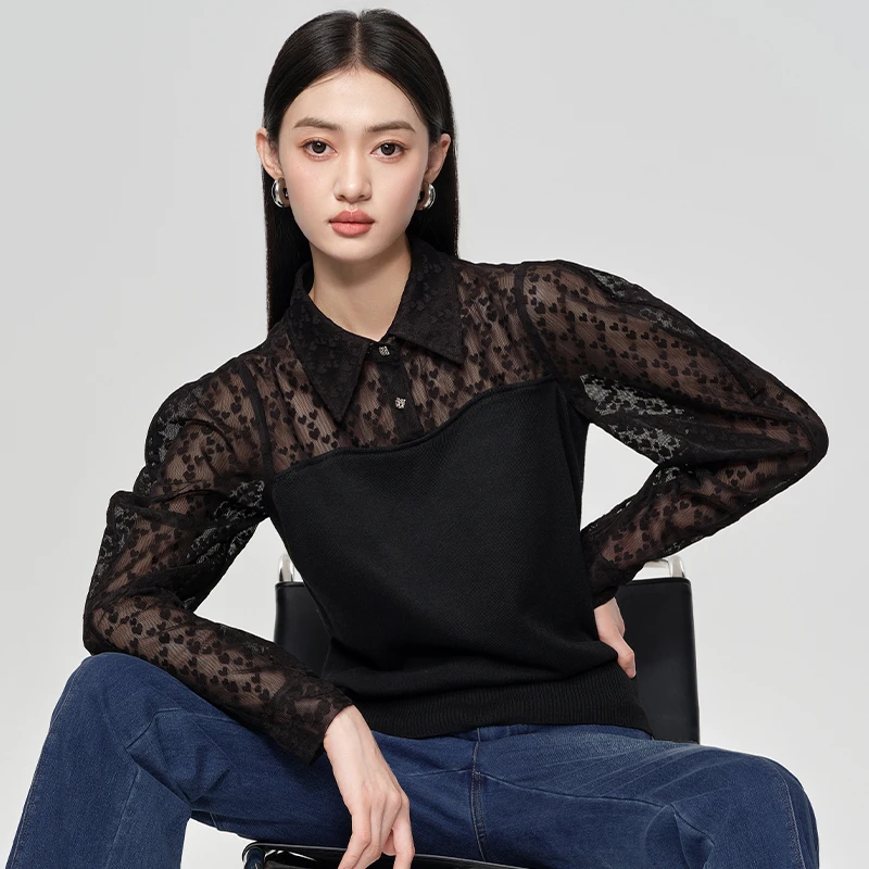 镂空秋冬蕾丝女士百搭小衫拼接优雅气质蕾丝衫154M5122