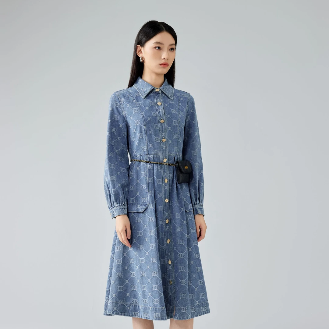 港风复古牛仔裤大摆长袖显瘦连衣裙153Y7166