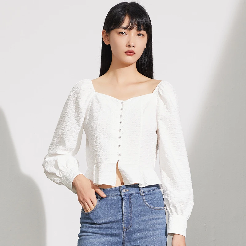 【达人专享】法式白色方领长袖小衫气质小香风衬衫女141S4209