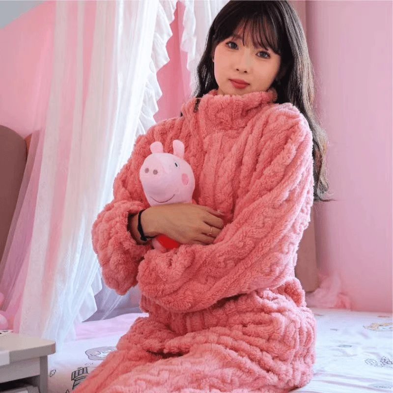 秋冬新款珊瑚绒睡衣女长袖拉链款加绒加保暖套装可外穿家居服