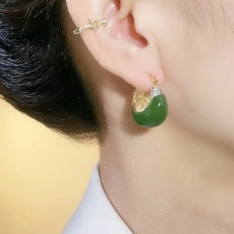 铜合金耳饰 秋冬适合的绿色滴釉椭圆轻奢时尚简约百搭耳环W5