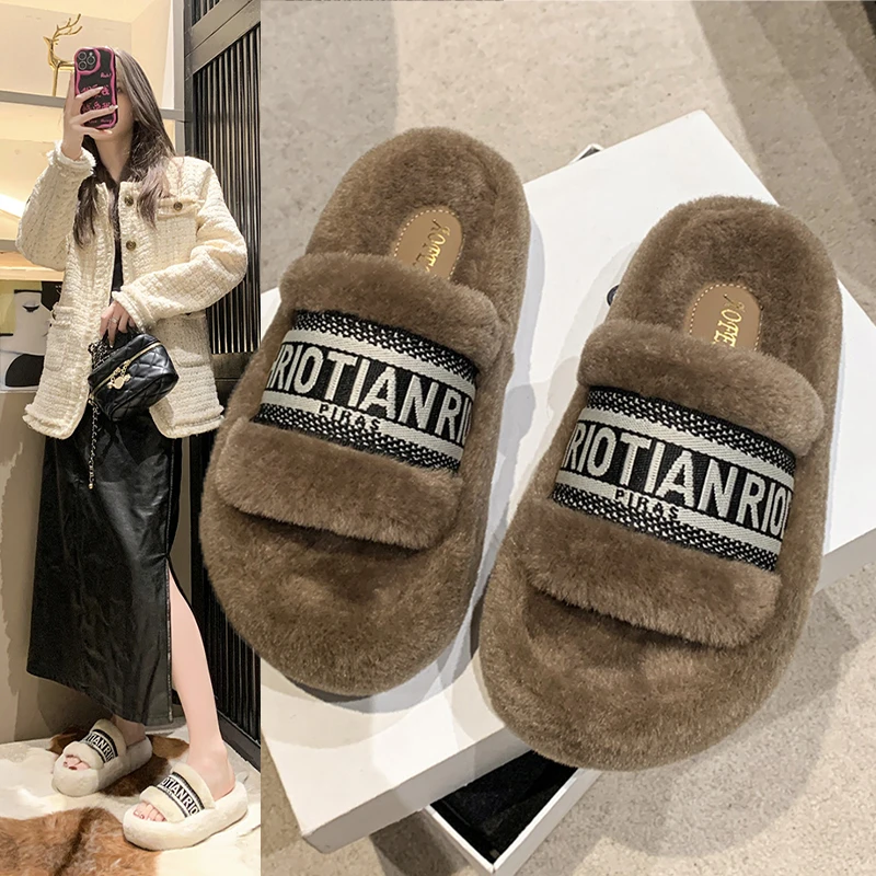 毛毛拖鞋女外穿高级感新款字母一字拖欧货毛毛鞋秋天棉拖羔毛