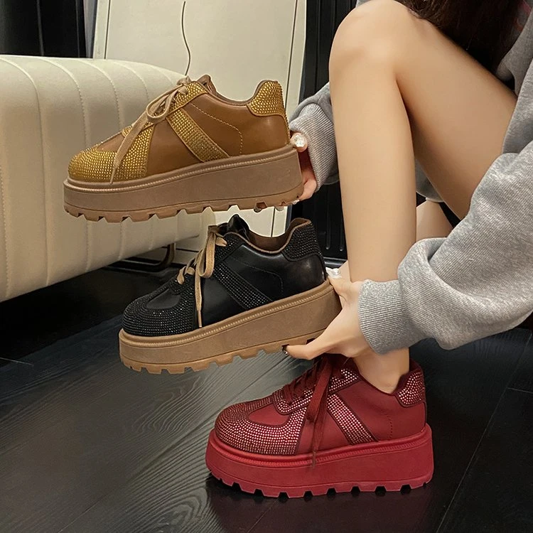 复古德训鞋女鞋2025秋季新款爆款水钻厚底增高红色运动休闲鞋