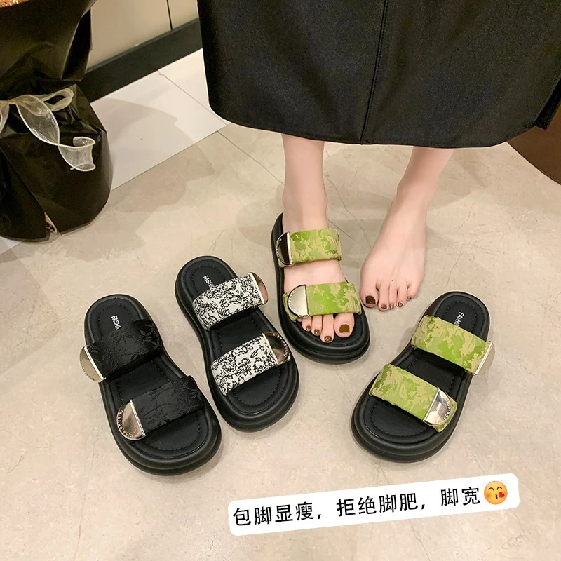 厚底拖鞋女夏外穿2025新款魔术贴新中式休闲增高配裙子沙滩凉拖鞋