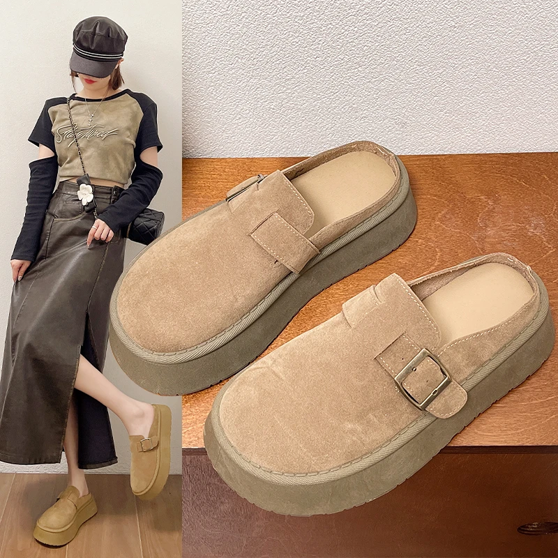 超火法式高级感包头半拖鞋女秋外穿勃肯鞋2025新款气质厚底穆勒鞋