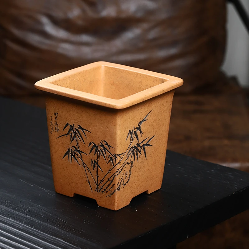 秦夕洪精品紫砂花盆四方郑板桥刻绘春兰竹子盆景植物桌面中国风盆