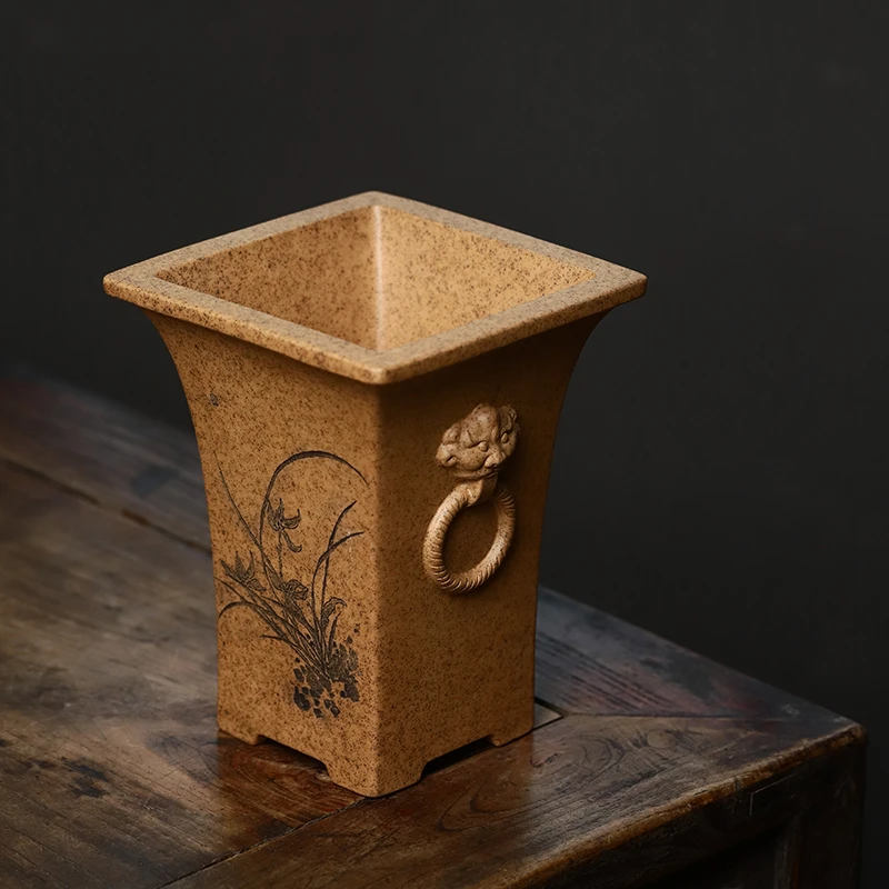 精品紫砂兰花盆唯珍手工刻绘柴烧透气春兰寒兰绿云植物桌面中国风