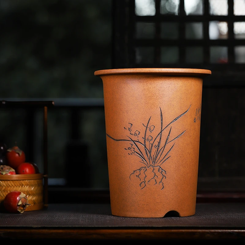 秦夕洪紫砂兰花盆宜兴精品段泥柴烧透气蕙兰建兰春兰植物简约桌面