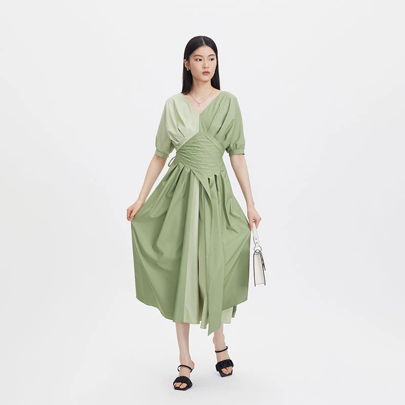S·DEER圣迪奥夏季法式时尚收腰绿色显瘦褶皱系带连衣裙S232Z12N6