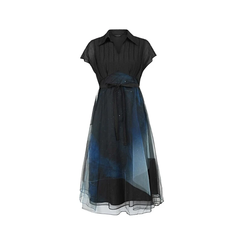 S·DEER圣迪奥女装夏季新款小黑裙设计师轻奢纯色印花优雅连衣裙